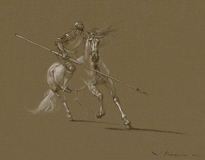 Don Quijote con alma búlgara. Rocinante III. Tinta china y lápiz blanco, 35 x 44 cm. 2005